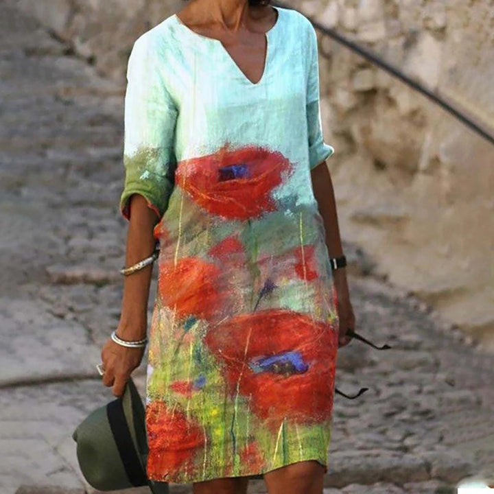 Vlora - Charming Linen Dress with Floral Print