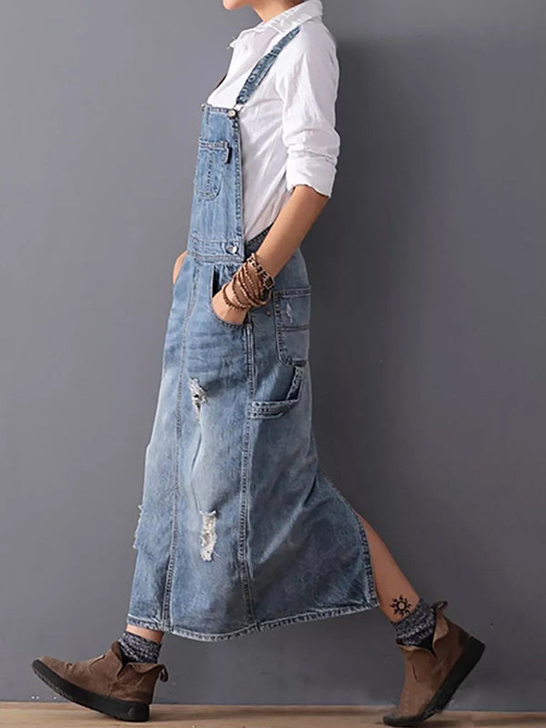 Lizz - Jean Slit Back Dungarees Dress