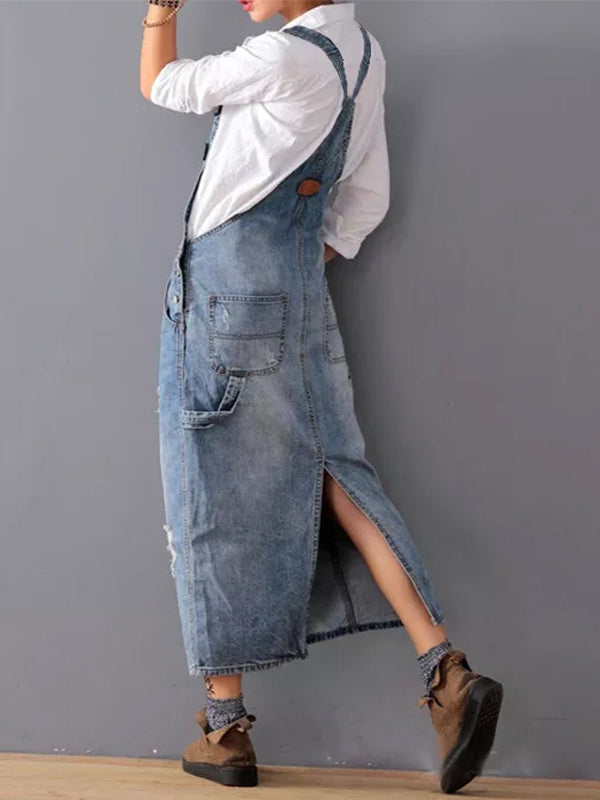 Lizz - Jean Slit Back Dungarees Dress