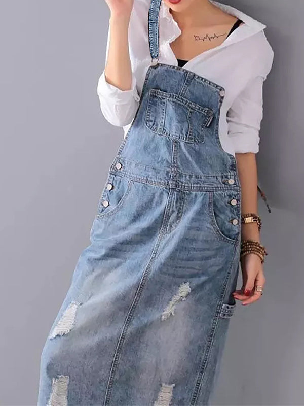 Lizz - Jean Slit Back Dungarees Dress